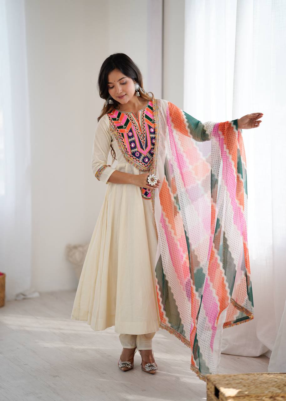 Cream Anarkali with Multicolor Embroidered Yoke & Wavy Pattern Dupatta