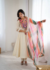 Cream Anarkali with Multicolor Embroidered Yoke & Wavy Pattern Dupatta