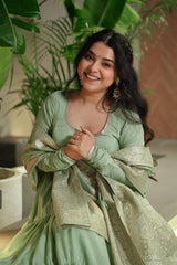 Pastel Green & purple Anarkali Kurta with Banarasi Dupatta – Elegant Festive & Wedding Wear