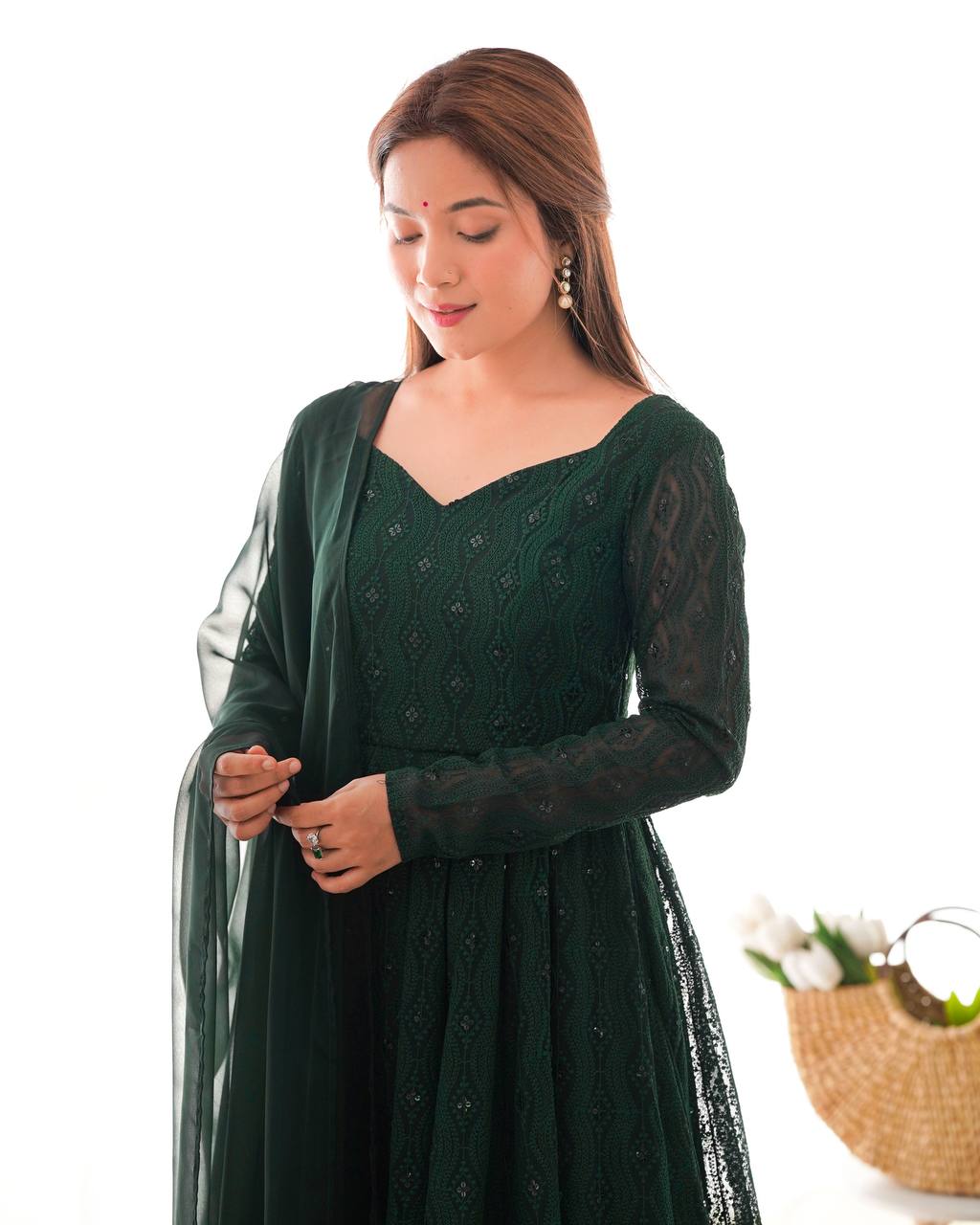 Emerald Green Georgette Anarkali Suit Set with Sheer Dupatta – Regal Festive Elegance