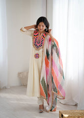 Cream Anarkali with Multicolor Embroidered Yoke & Wavy Pattern Dupatta