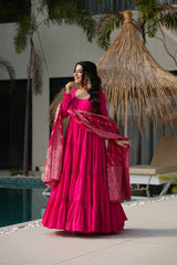 Hot Pink Tiered Anarkali with Banarasi Dupatta