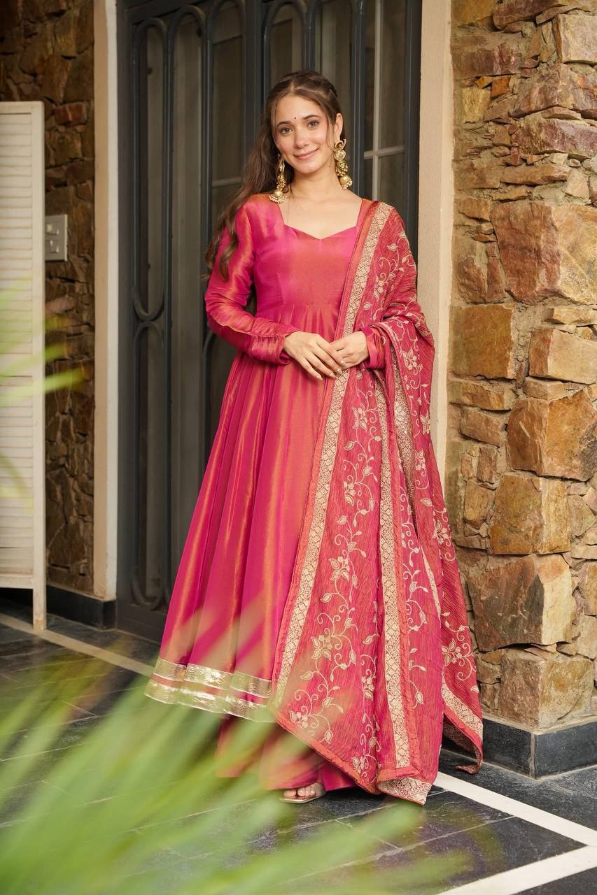 Rani Pink Silk Anarkali Suit with Zari Border & Embroidered Dupatta