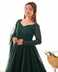 Emerald Green Georgette Anarkali Suit Set with Sheer Dupatta – Regal Festive Elegance