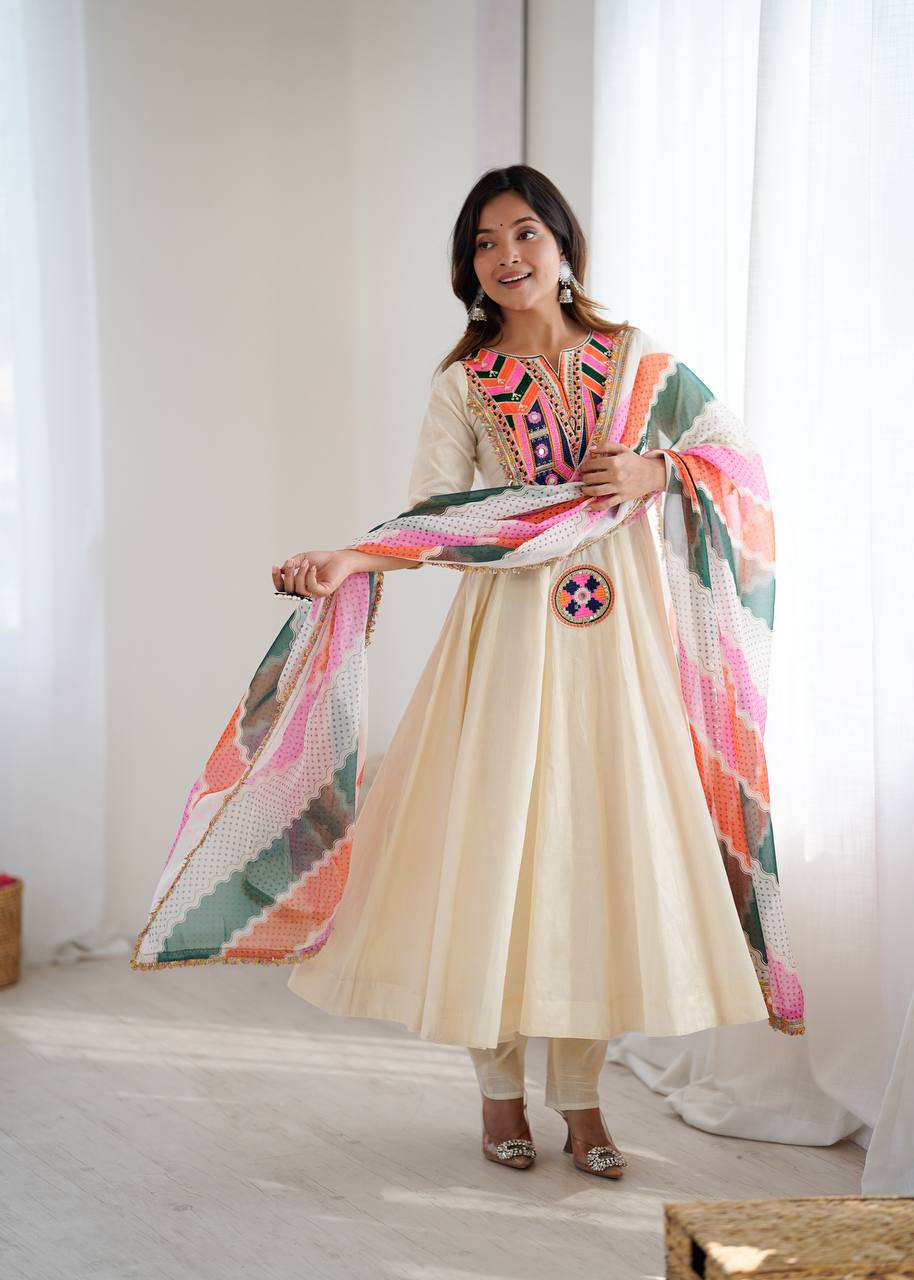 Cream Anarkali with Multicolor Embroidered Yoke & Wavy Pattern Dupatta
