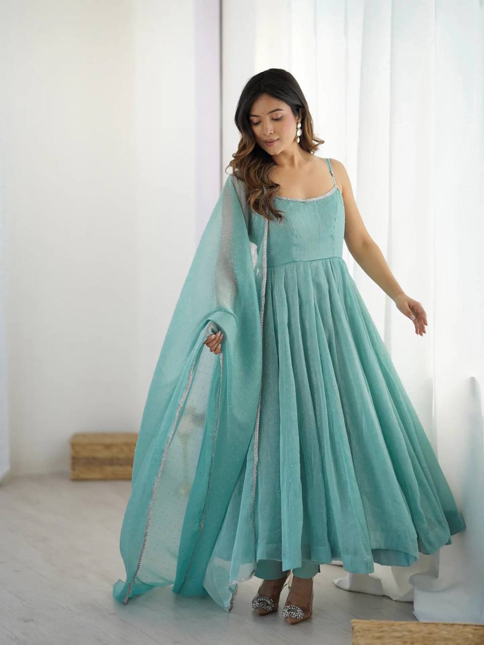 Seafoam Green & Red Sleeveless Anarkali Suit Set with Dupatta – Premium Tissue Silk Blend