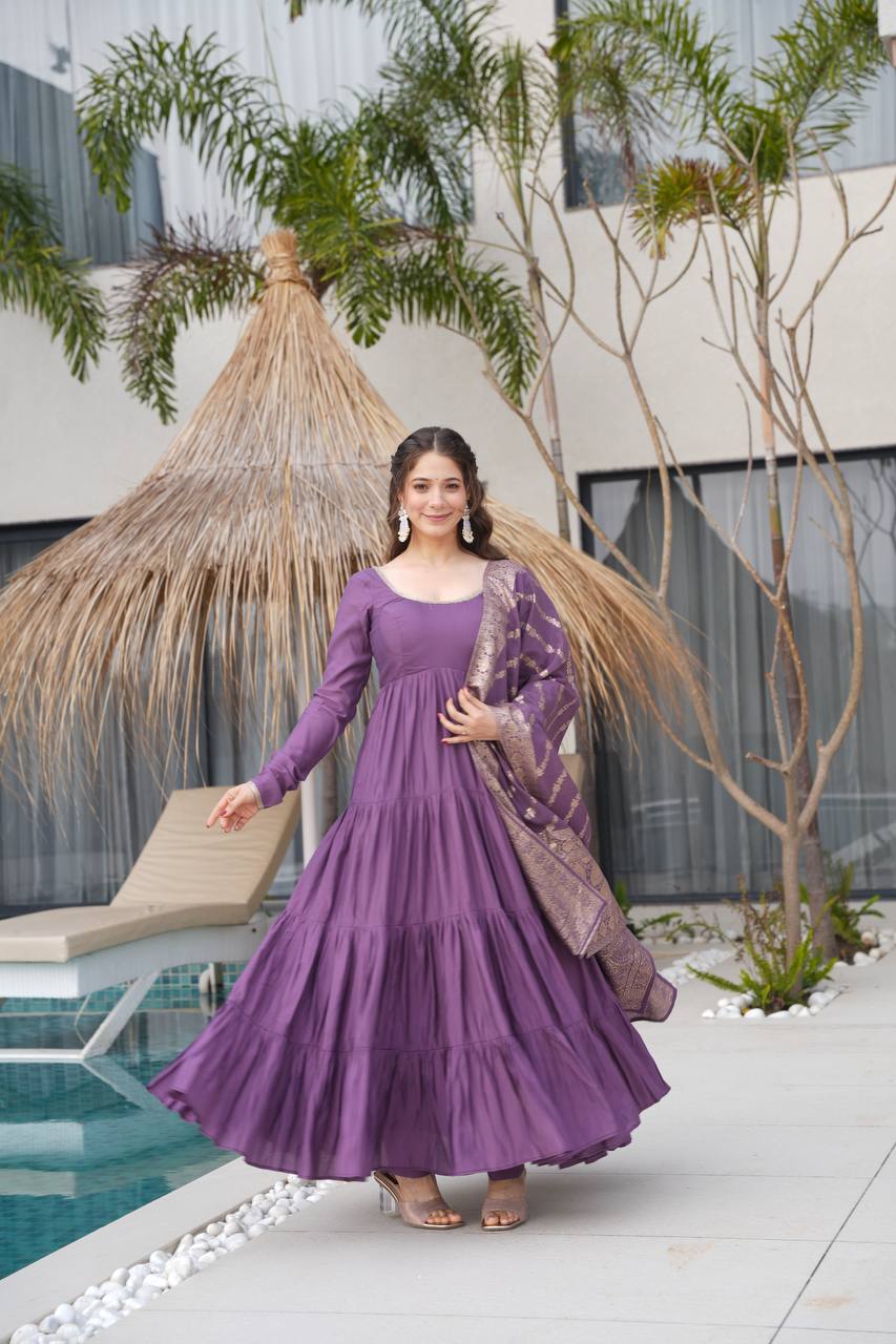 Pastel Green & purple Anarkali Kurta with Banarasi Dupatta – Elegant Festive & Wedding Wear