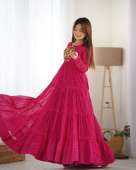 Hot Pink Bandhani Print Tiered Anarkali Gown – Mirror Work Yoke | Festive & Wedding Wear