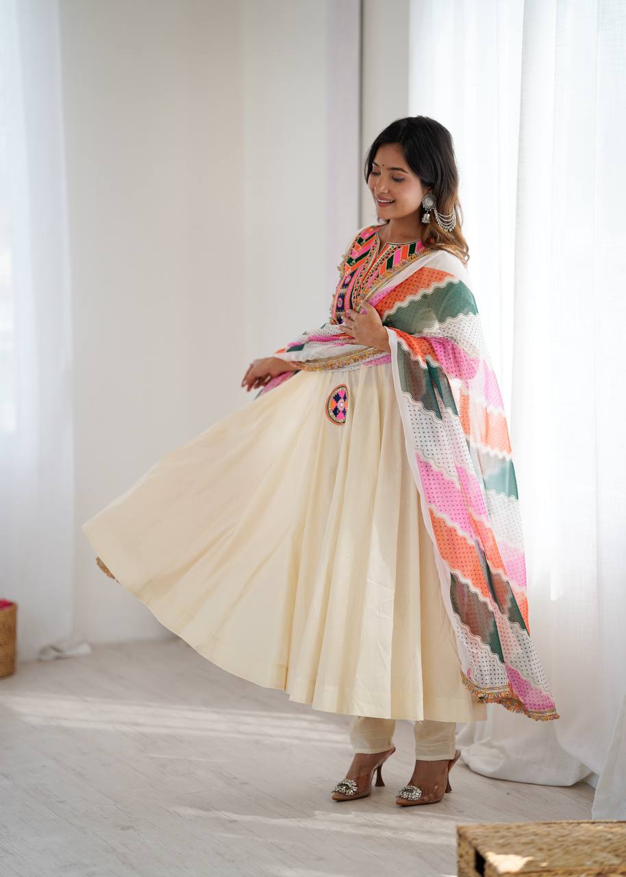 Cream Anarkali with Multicolor Embroidered Yoke & Wavy Pattern Dupatta