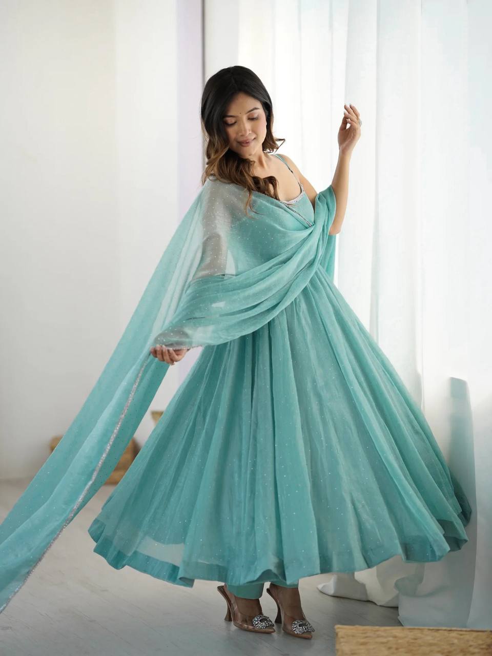 Seafoam Green & Red Sleeveless Anarkali Suit Set with Dupatta – Premium Tissue Silk Blend