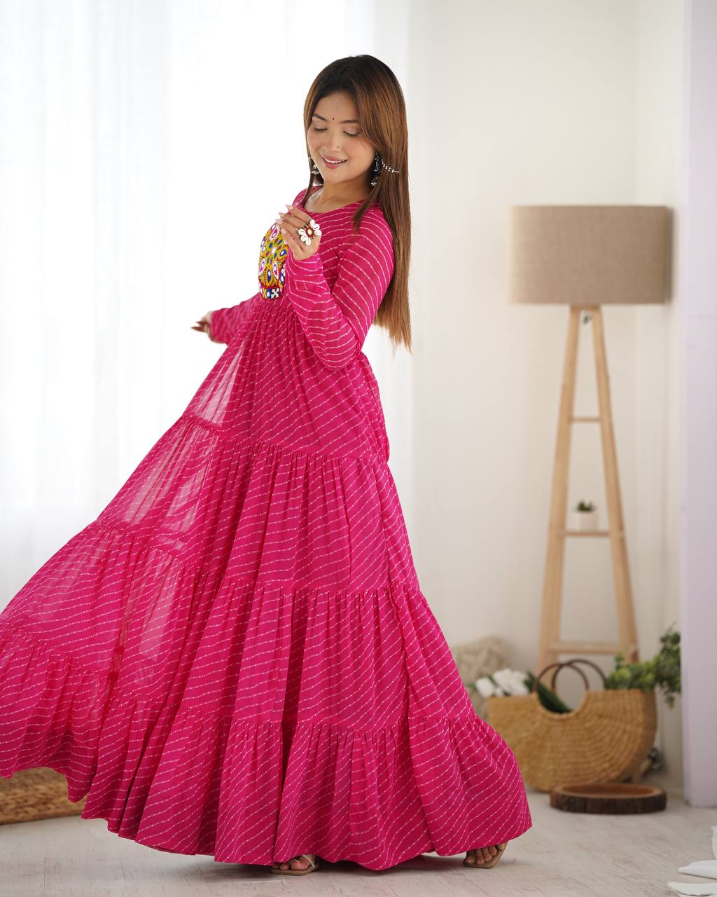Hot Pink Bandhani Print Tiered Anarkali Gown – Mirror Work Yoke | Festive & Wedding Wear