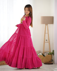 Hot Pink Bandhani Print Tiered Anarkali Gown – Mirror Work Yoke | Festive & Wedding Wear
