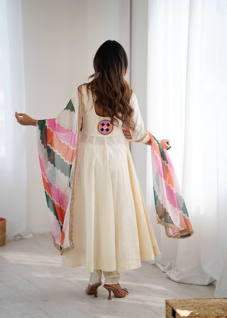 Cream Anarkali with Multicolor Embroidered Yoke & Wavy Pattern Dupatta