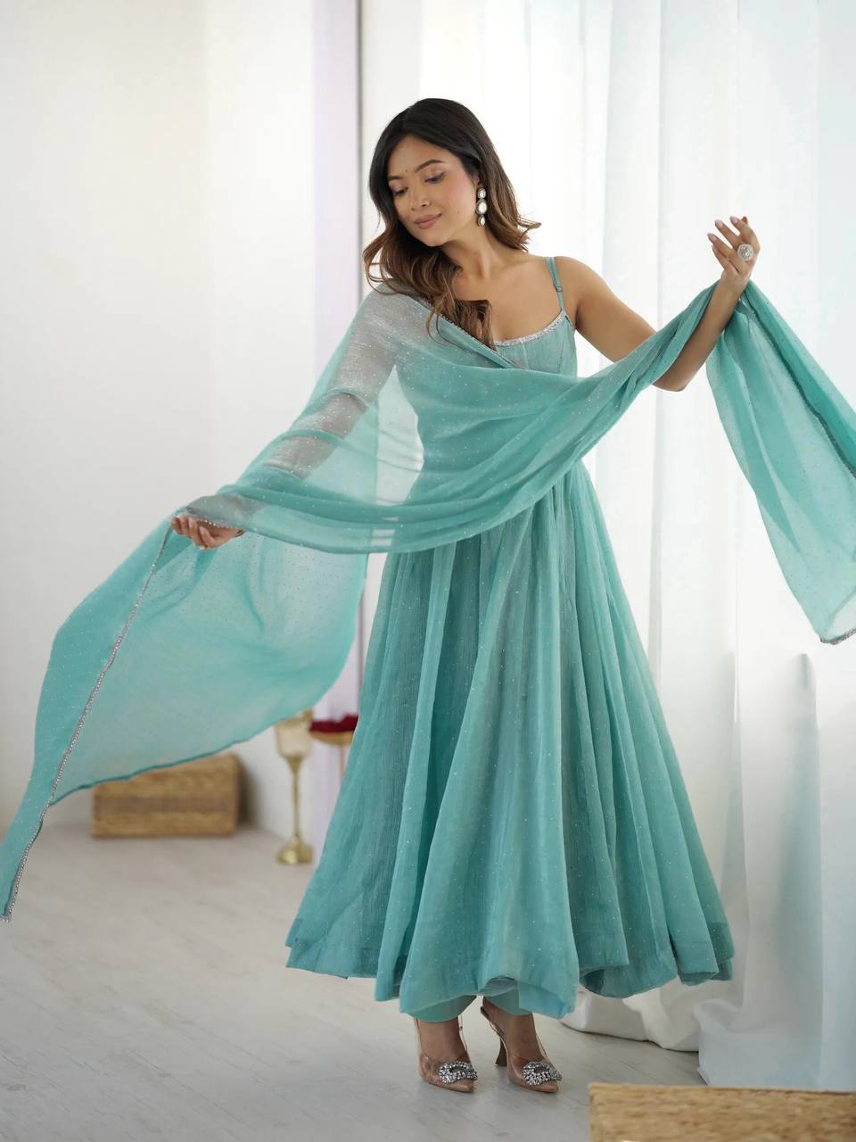 Seafoam Green & Red Sleeveless Anarkali Suit Set with Dupatta – Premium Tissue Silk Blend