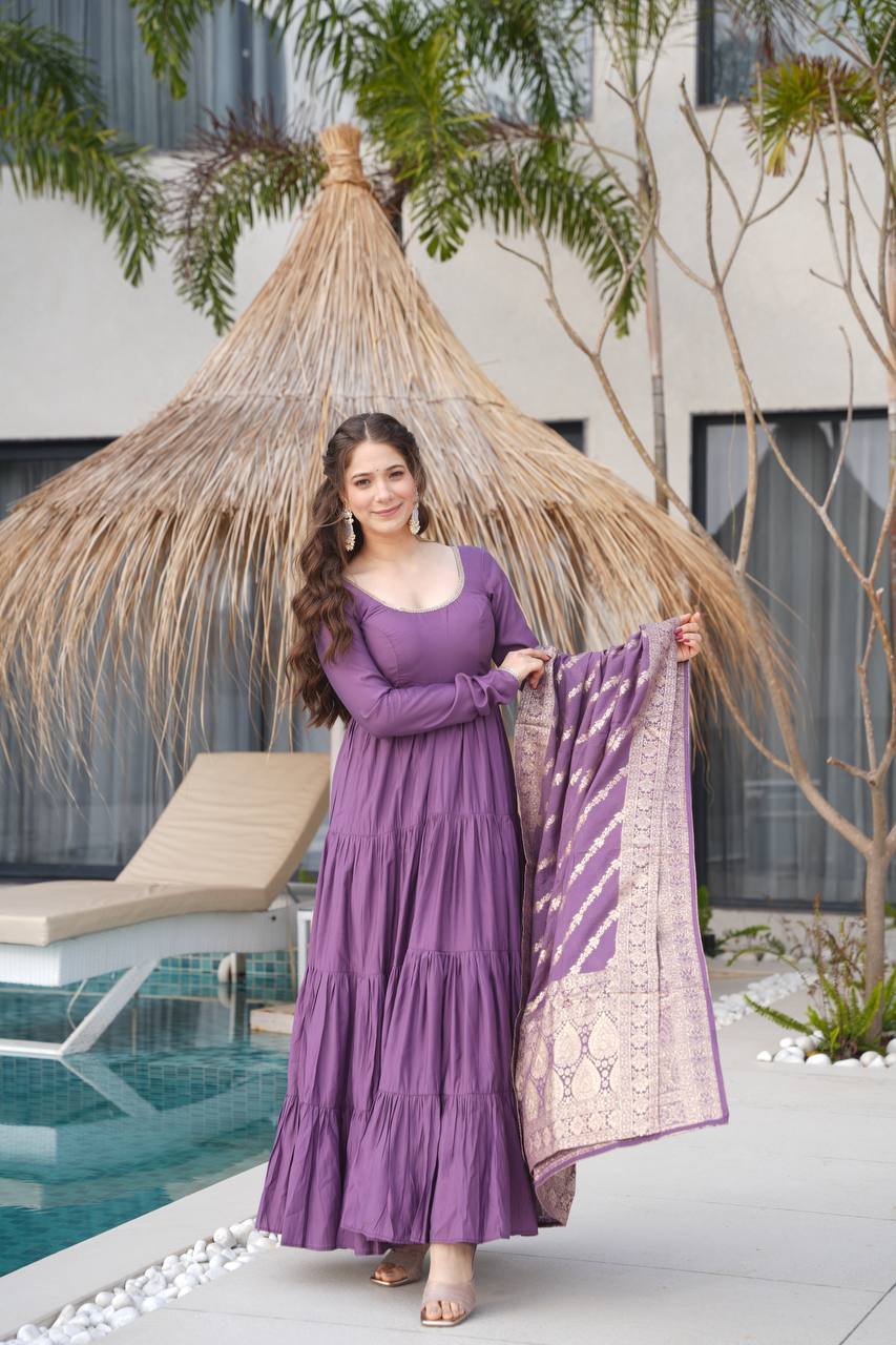 Pastel Green & purple Anarkali Kurta with Banarasi Dupatta – Elegant Festive & Wedding Wear