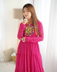 Hot Pink Bandhani Print Tiered Anarkali Gown – Mirror Work Yoke | Festive & Wedding Wear