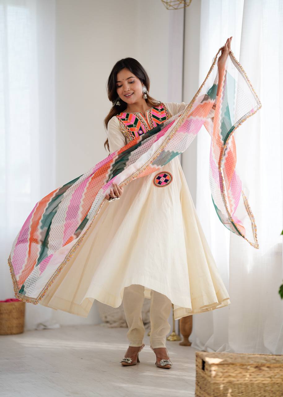 Cream Anarkali with Multicolor Embroidered Yoke & Wavy Pattern Dupatta