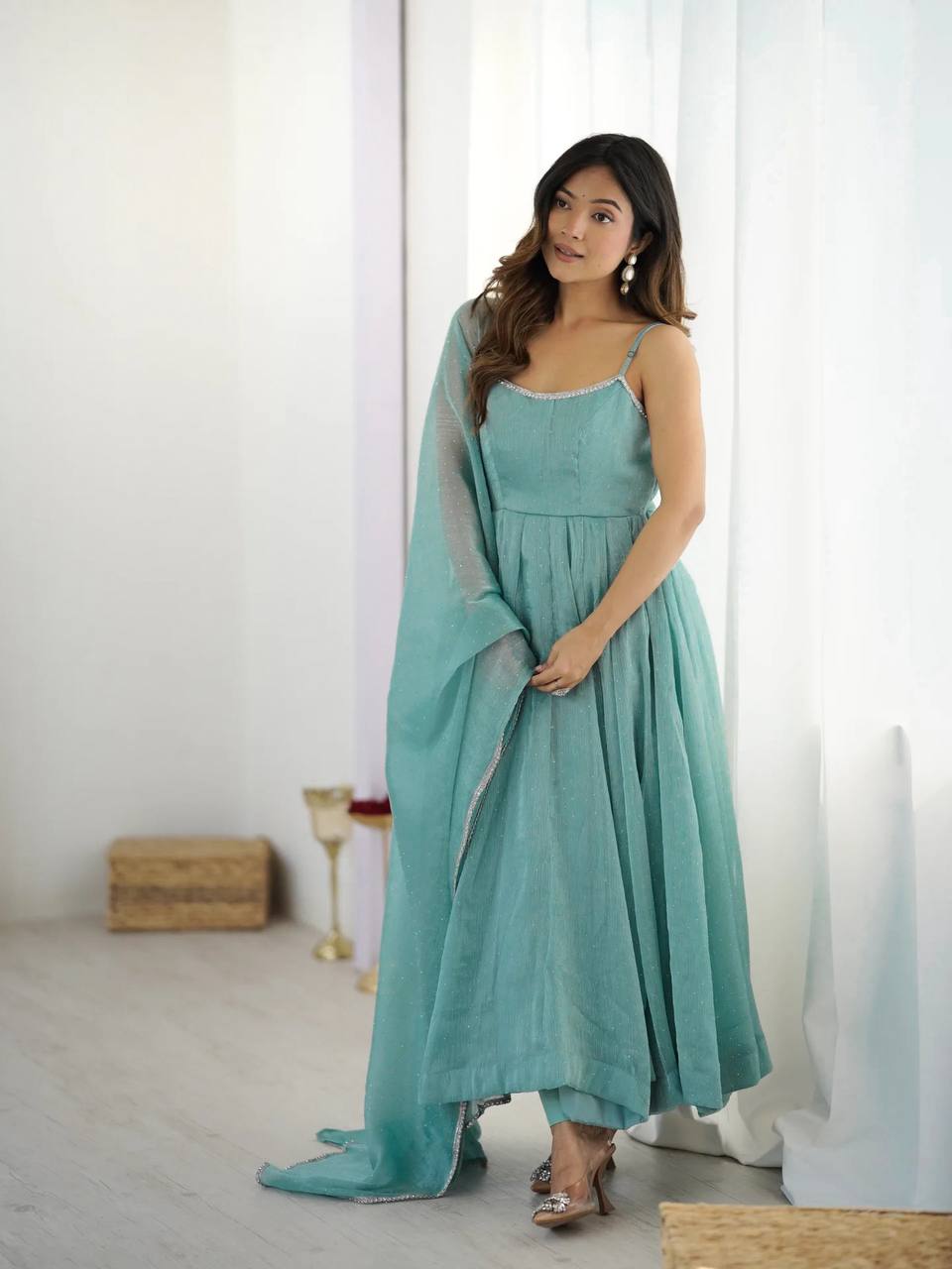 Seafoam Green & Red Sleeveless Anarkali Suit Set with Dupatta – Premium Tissue Silk Blend