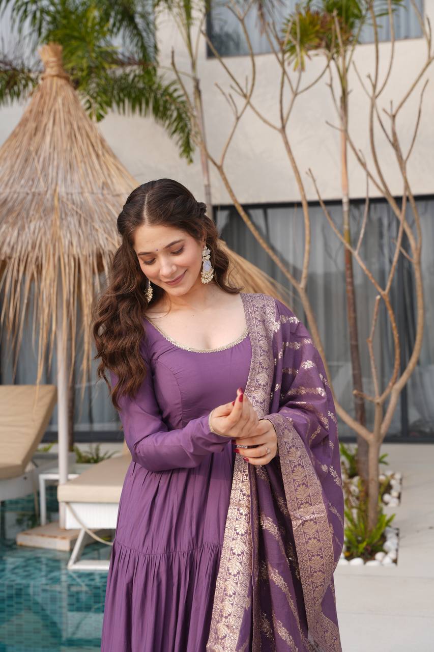 Pastel Green & purple Anarkali Kurta with Banarasi Dupatta – Elegant Festive & Wedding Wear