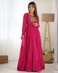 Hot Pink Bandhani Print Tiered Anarkali Gown – Mirror Work Yoke | Festive & Wedding Wear
