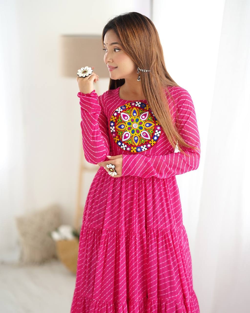 Hot Pink Bandhani Print Tiered Anarkali Gown – Mirror Work Yoke | Festive & Wedding Wear
