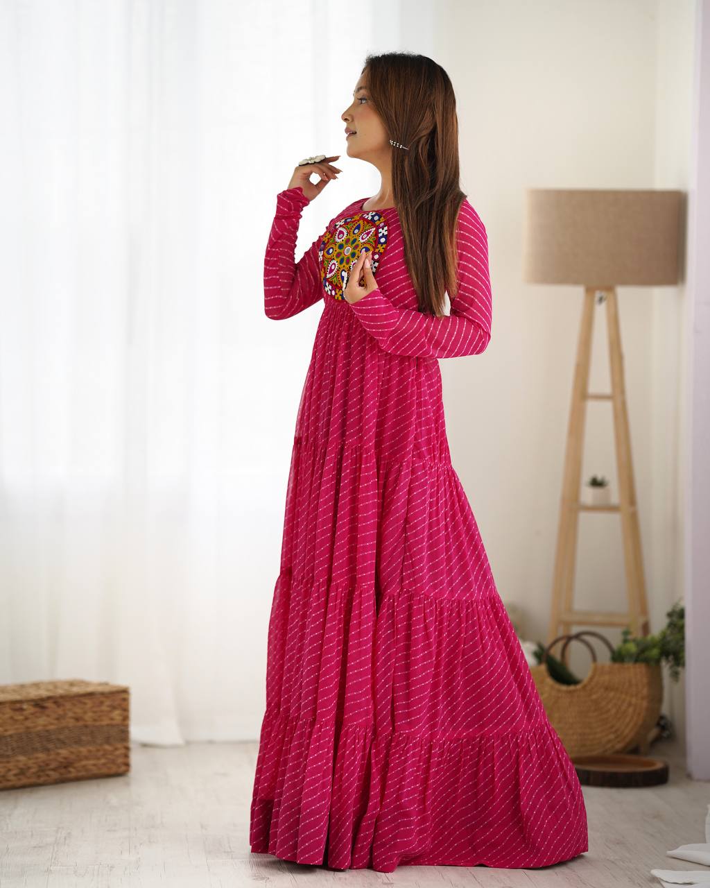 Hot Pink Bandhani Print Tiered Anarkali Gown – Mirror Work Yoke | Festive & Wedding Wear