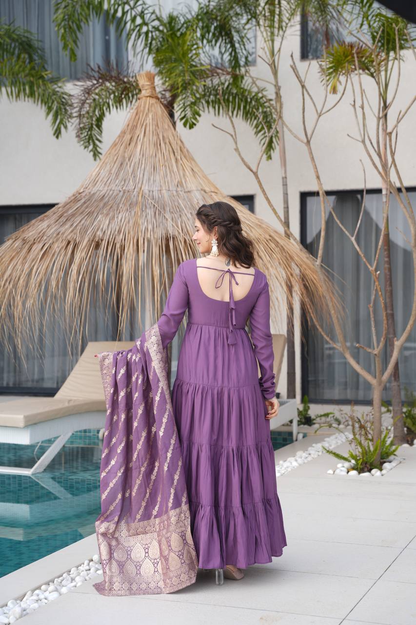 Pastel Green & purple Anarkali Kurta with Banarasi Dupatta – Elegant Festive & Wedding Wear