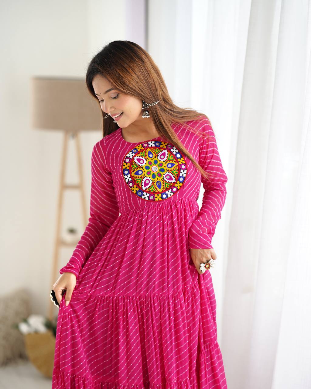 Hot Pink Bandhani Print Tiered Anarkali Gown – Mirror Work Yoke | Festive & Wedding Wear