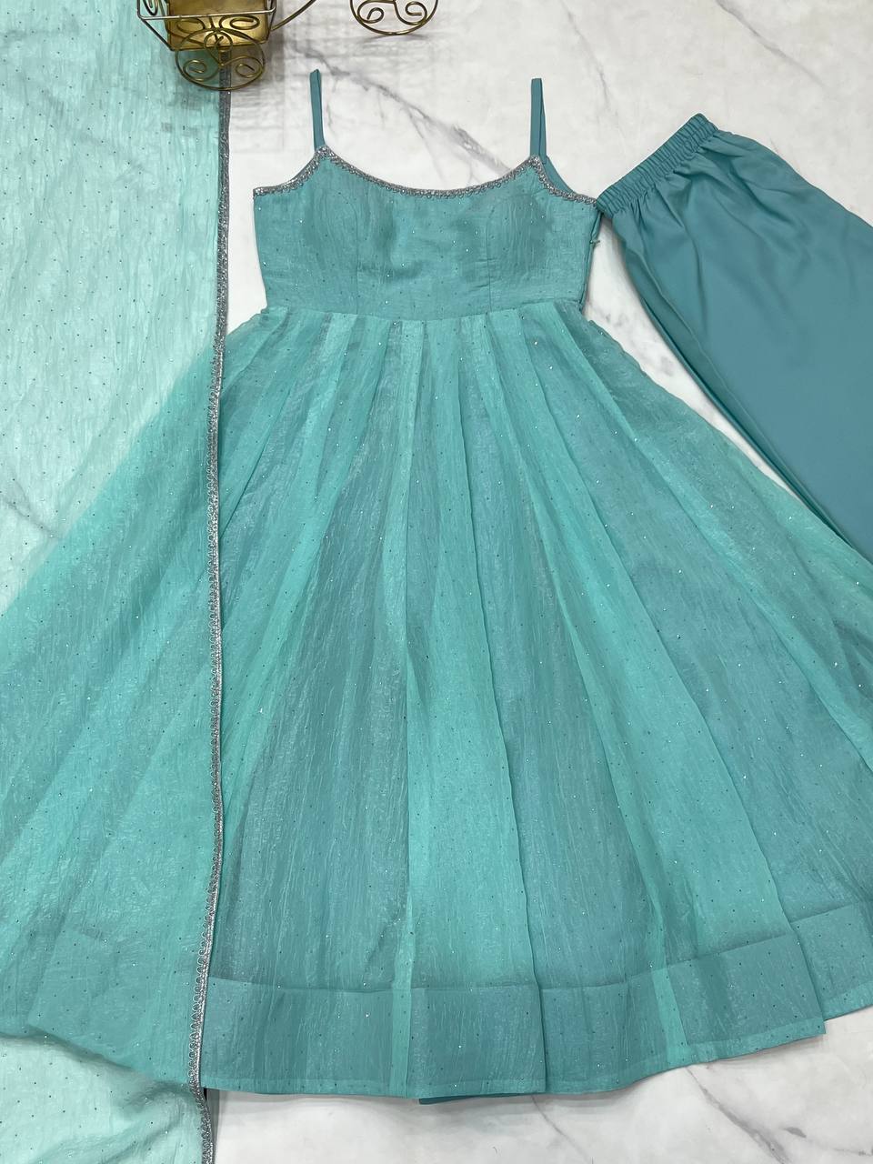 Seafoam Green & Red Sleeveless Anarkali Suit Set with Dupatta – Premium Tissue Silk Blend