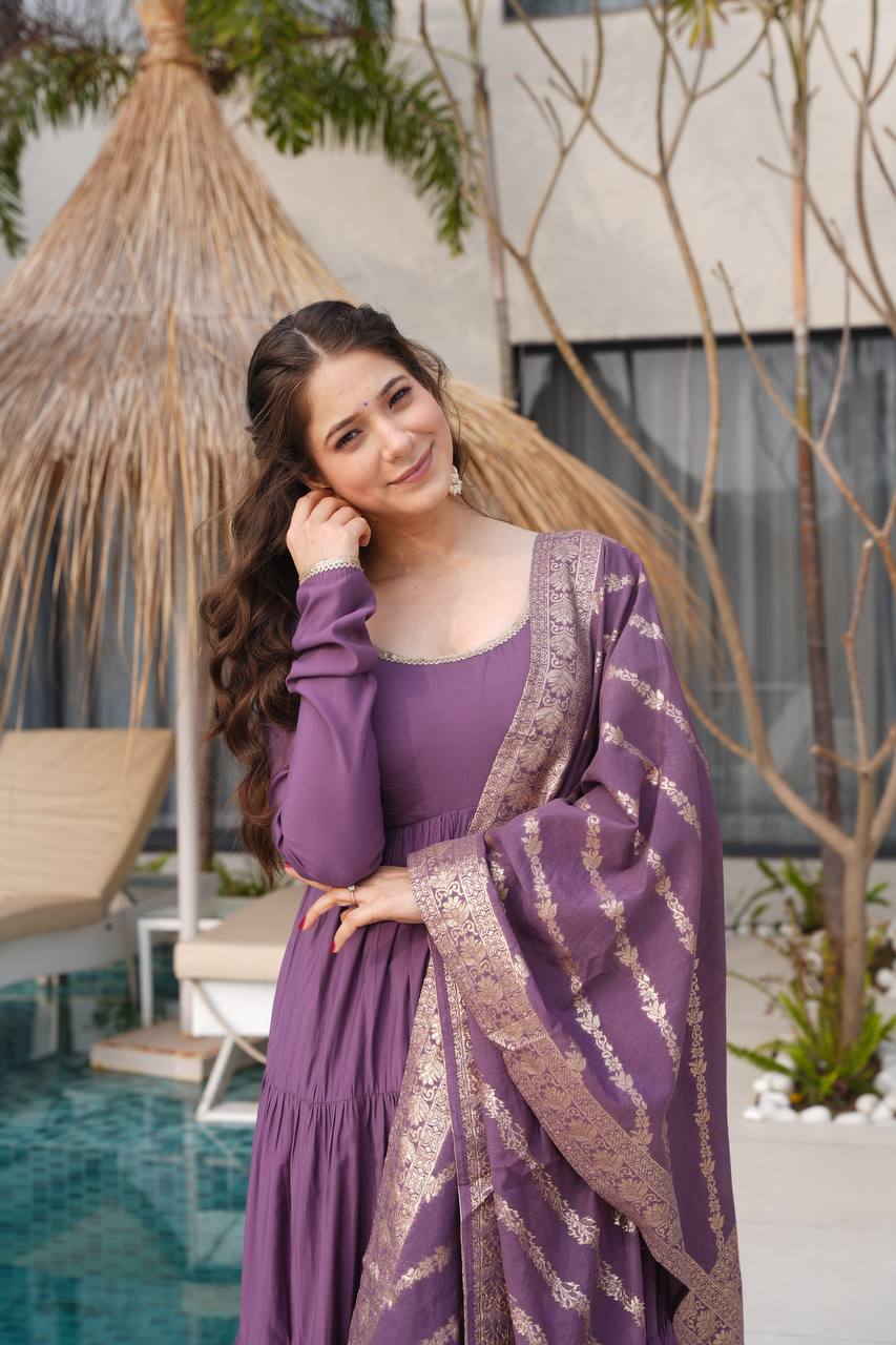 Pastel Green & purple Anarkali Kurta with Banarasi Dupatta – Elegant Festive & Wedding Wear
