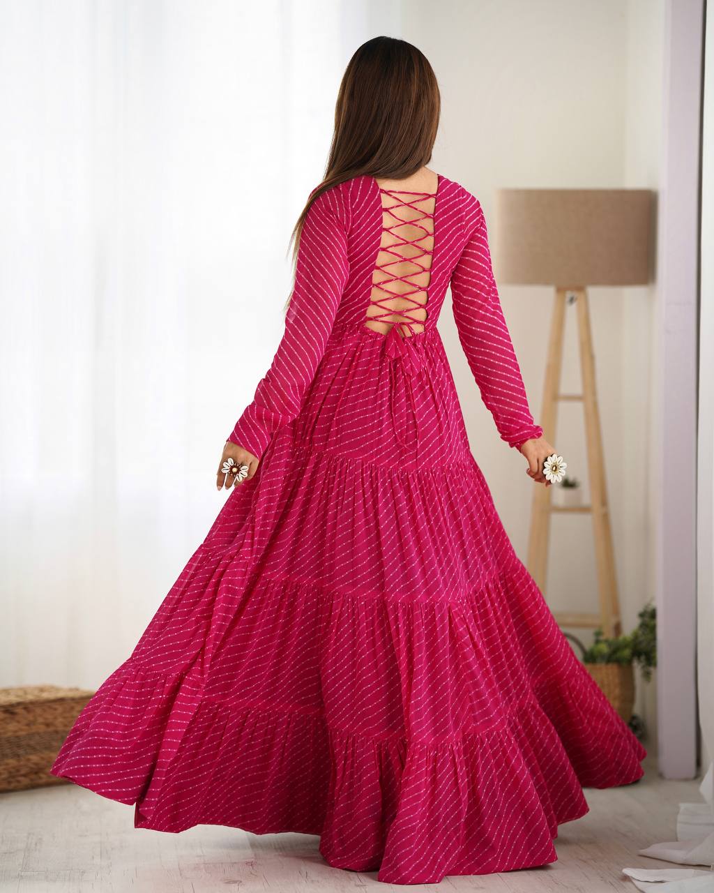 Hot Pink Bandhani Print Tiered Anarkali Gown – Mirror Work Yoke | Festive & Wedding Wear