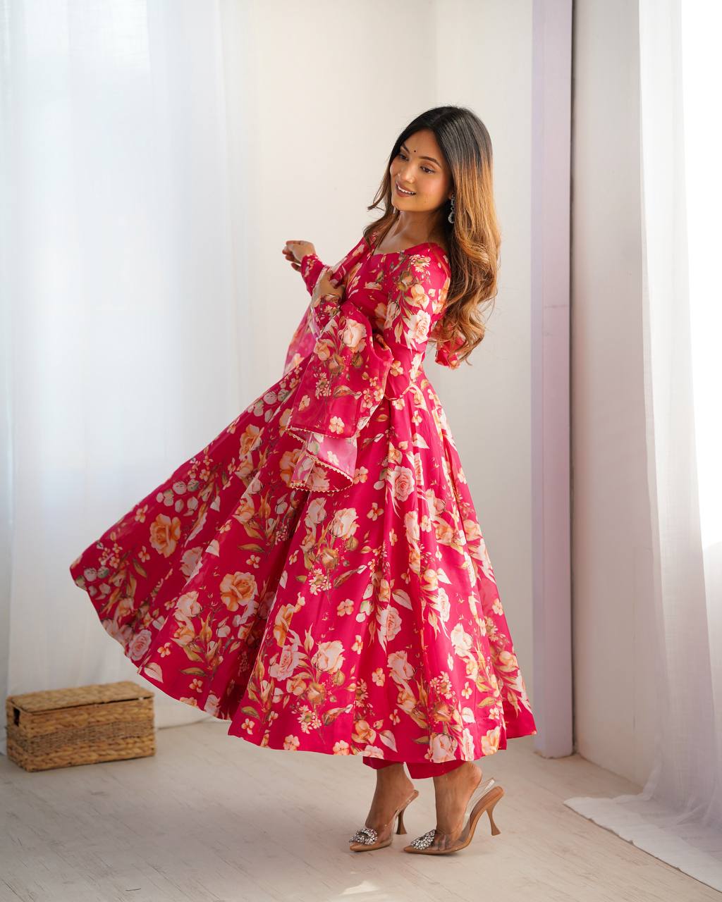 Pink Floral Anarkali Suit with Dupatta