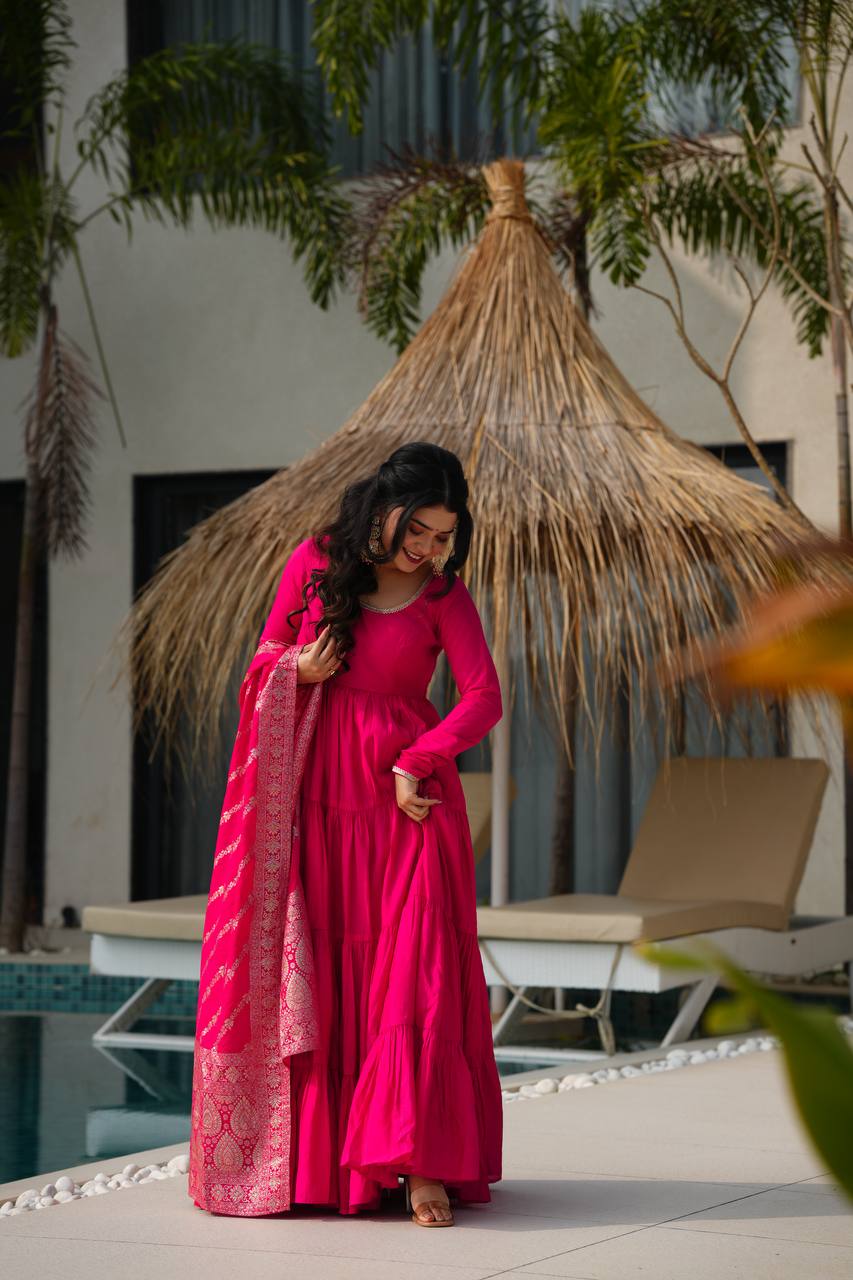 Hot Pink Tiered Anarkali with Banarasi Dupatta