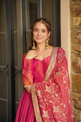 Rani Pink Silk Anarkali Suit with Zari Border & Embroidered Dupatta