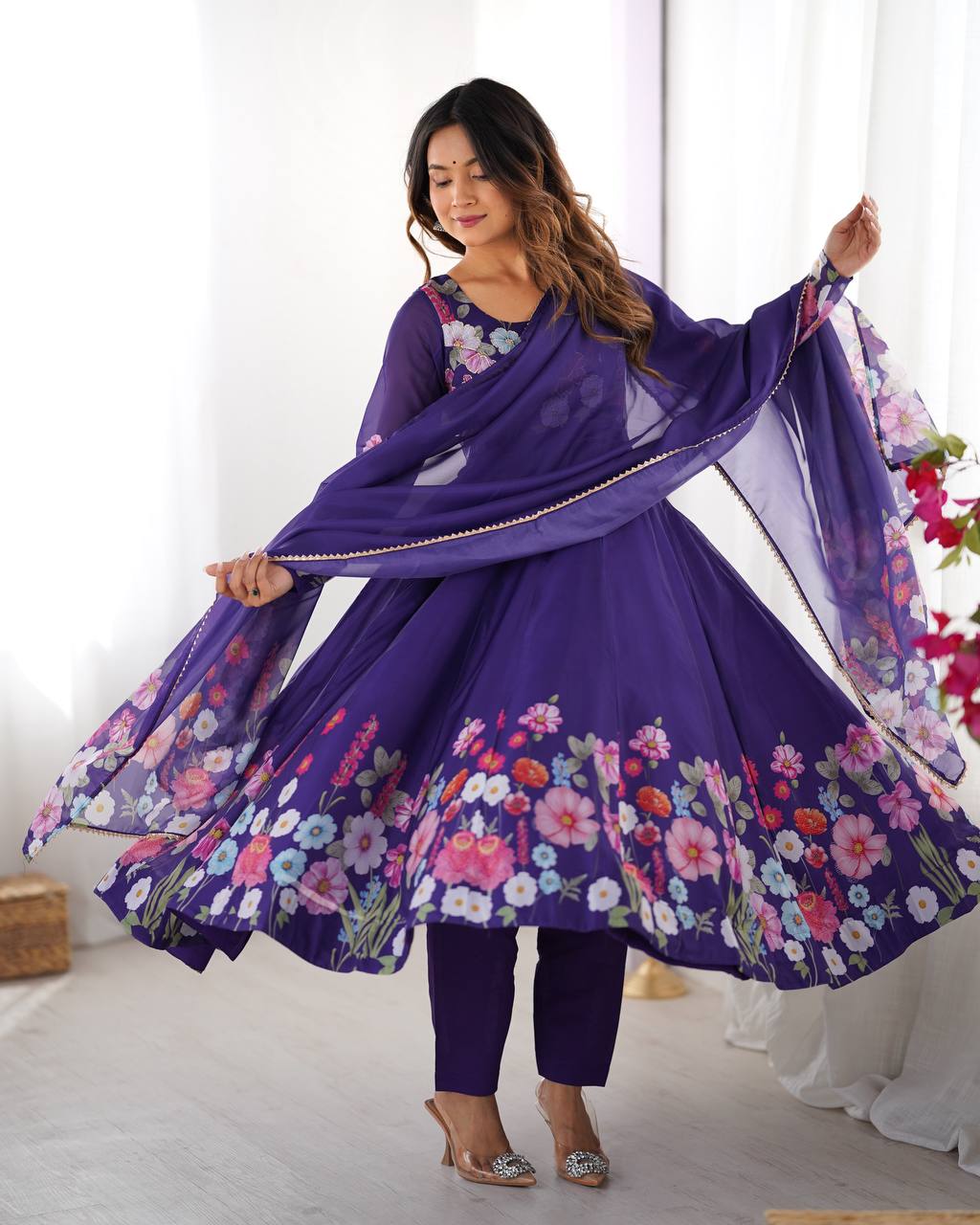 Purple Floral Anarkali Suit with Dupatta