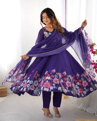 Purple Floral Anarkali Suit with Dupatta