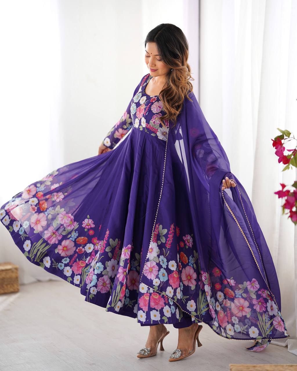 Purple Floral Anarkali Suit with Dupatta