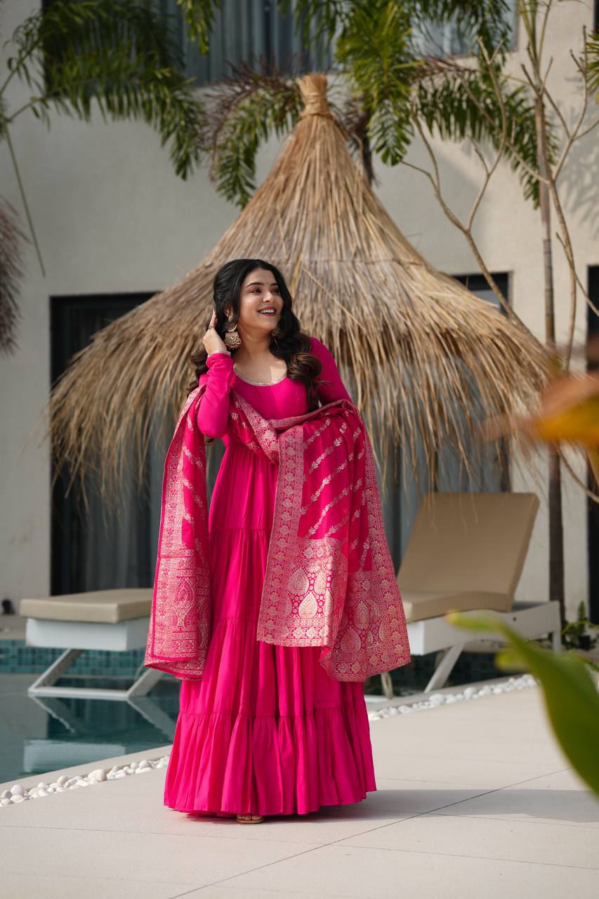 Hot Pink Tiered Anarkali with Banarasi Dupatta