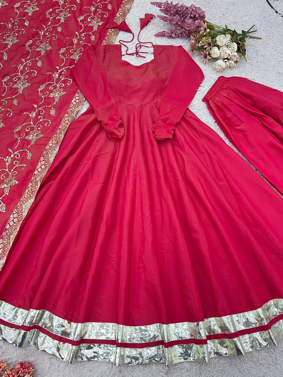 Rani Pink Silk Anarkali Suit with Zari Border & Embroidered Dupatta