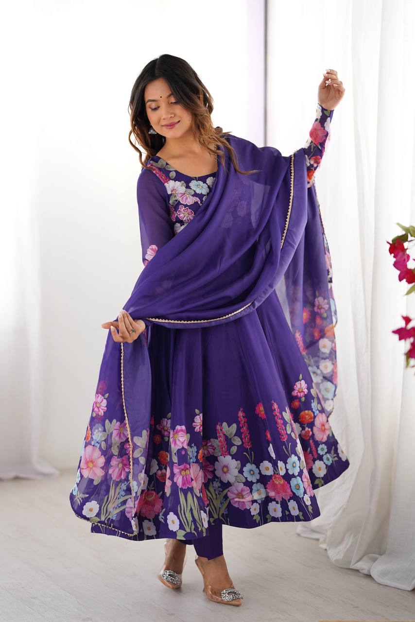 Purple Floral Anarkali Suit with Dupatta