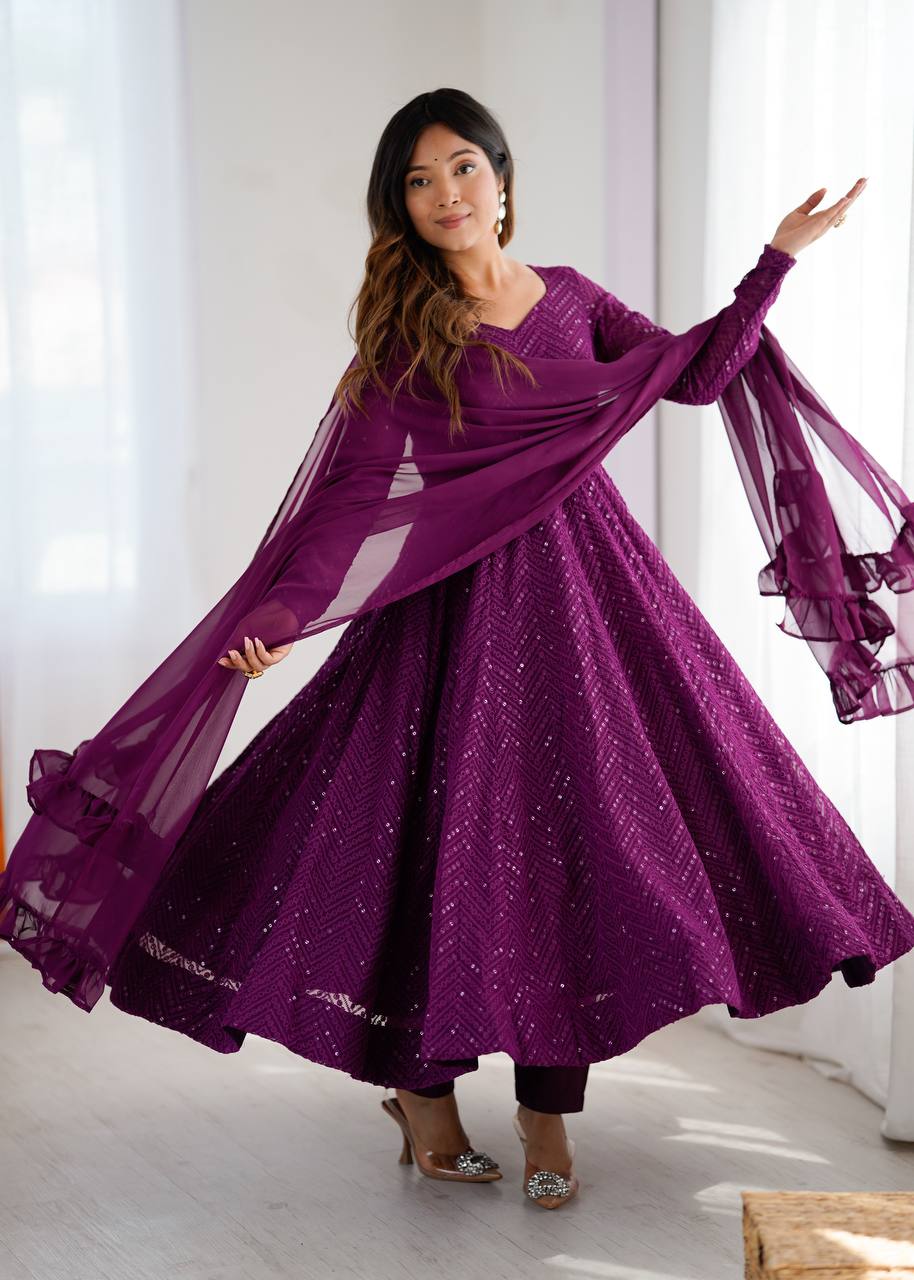 Plum Sequin Georgette Anarkali Suit with Dupatta – Festive & Party Wear