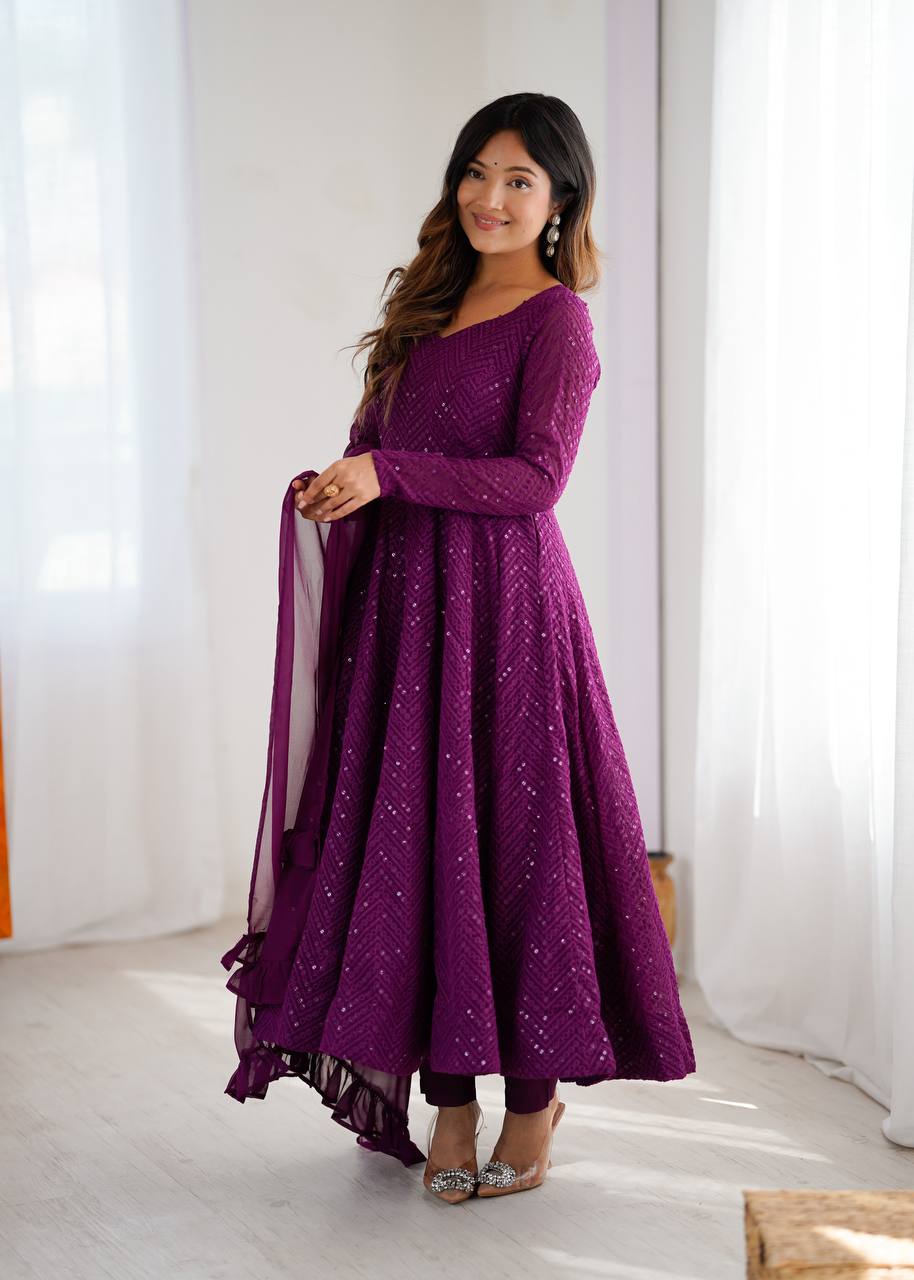 Plum Sequin Georgette Anarkali Suit with Dupatta – Festive & Party Wear
