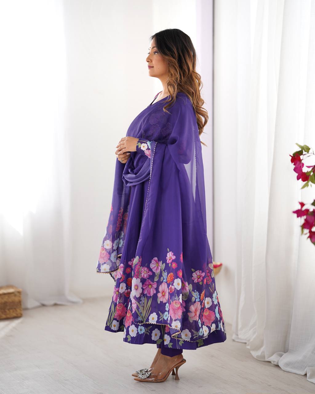 Purple Floral Anarkali Suit with Dupatta