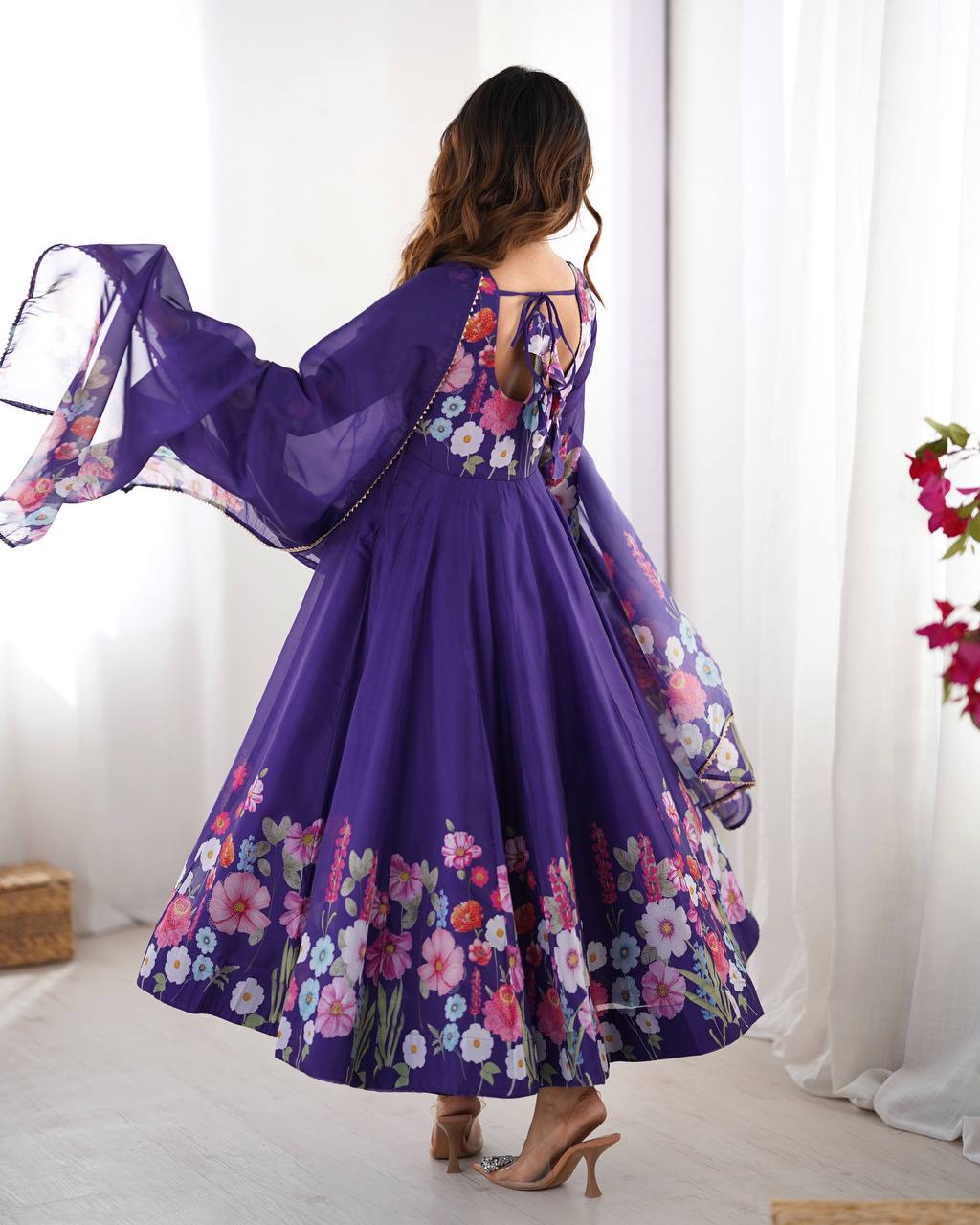 Purple Floral Anarkali Suit with Dupatta