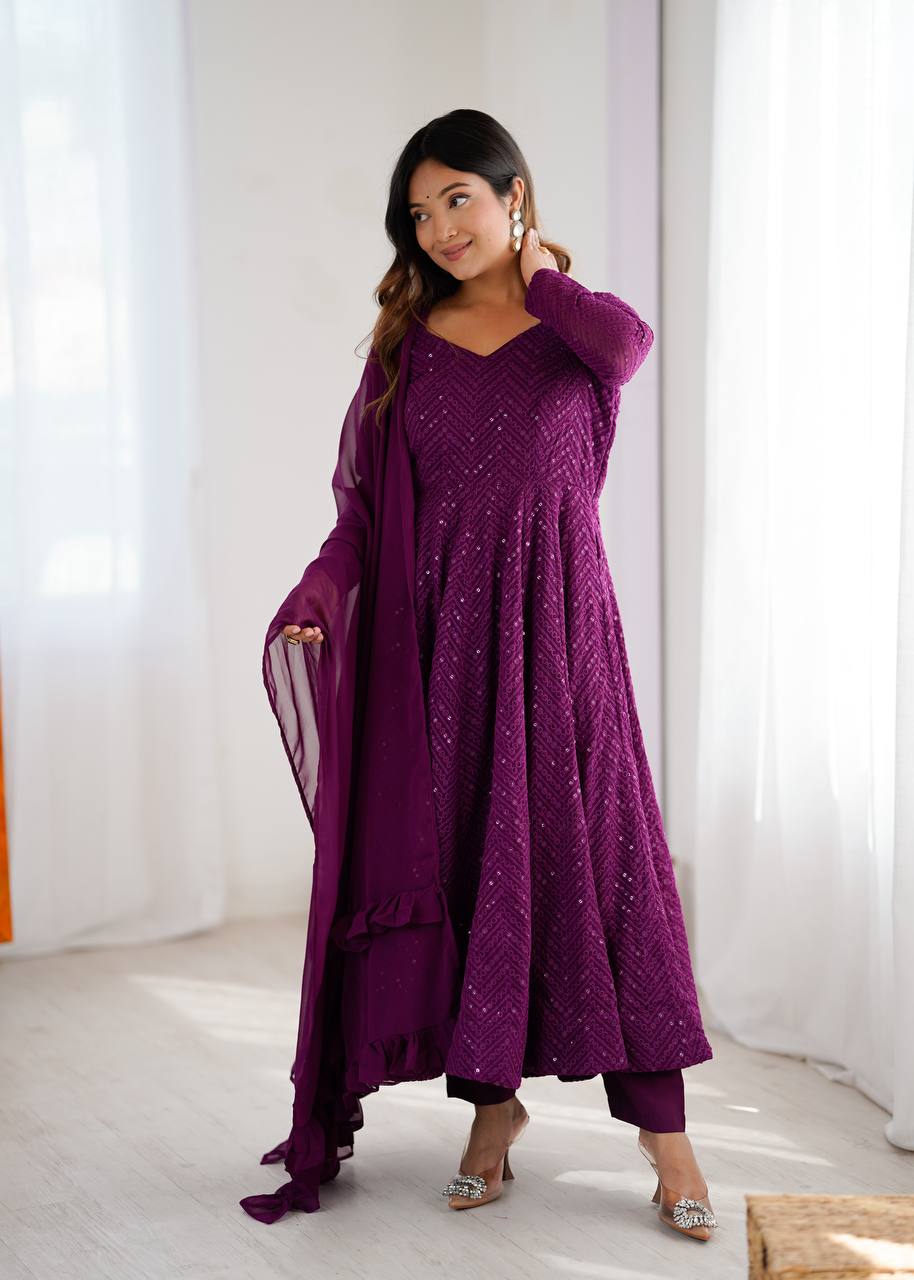 Plum Sequin Georgette Anarkali Suit with Dupatta – Festive & Party Wear
