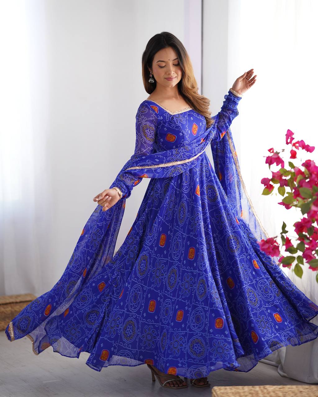 Blue Bandhej Style Printed Anarkali Suit with Dupatta
