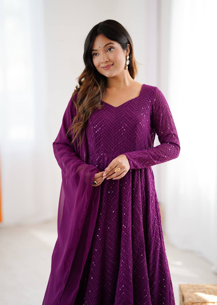 Plum Sequin Georgette Anarkali Suit with Dupatta – Festive & Party Wear