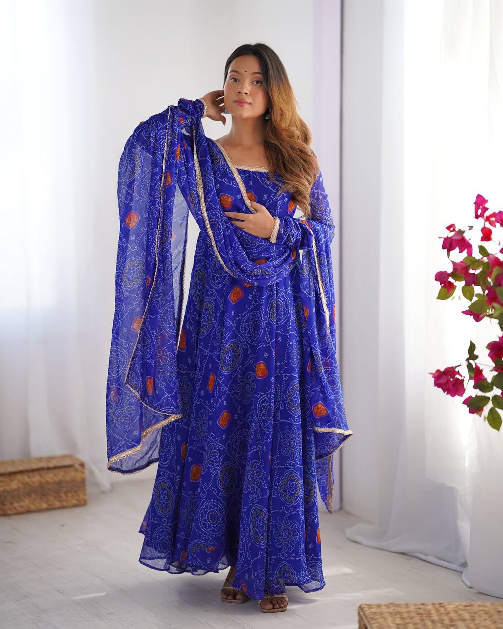 Blue Bandhej Style Printed Anarkali Suit with Dupatta