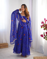 Blue Bandhej Style Printed Anarkali Suit with Dupatta