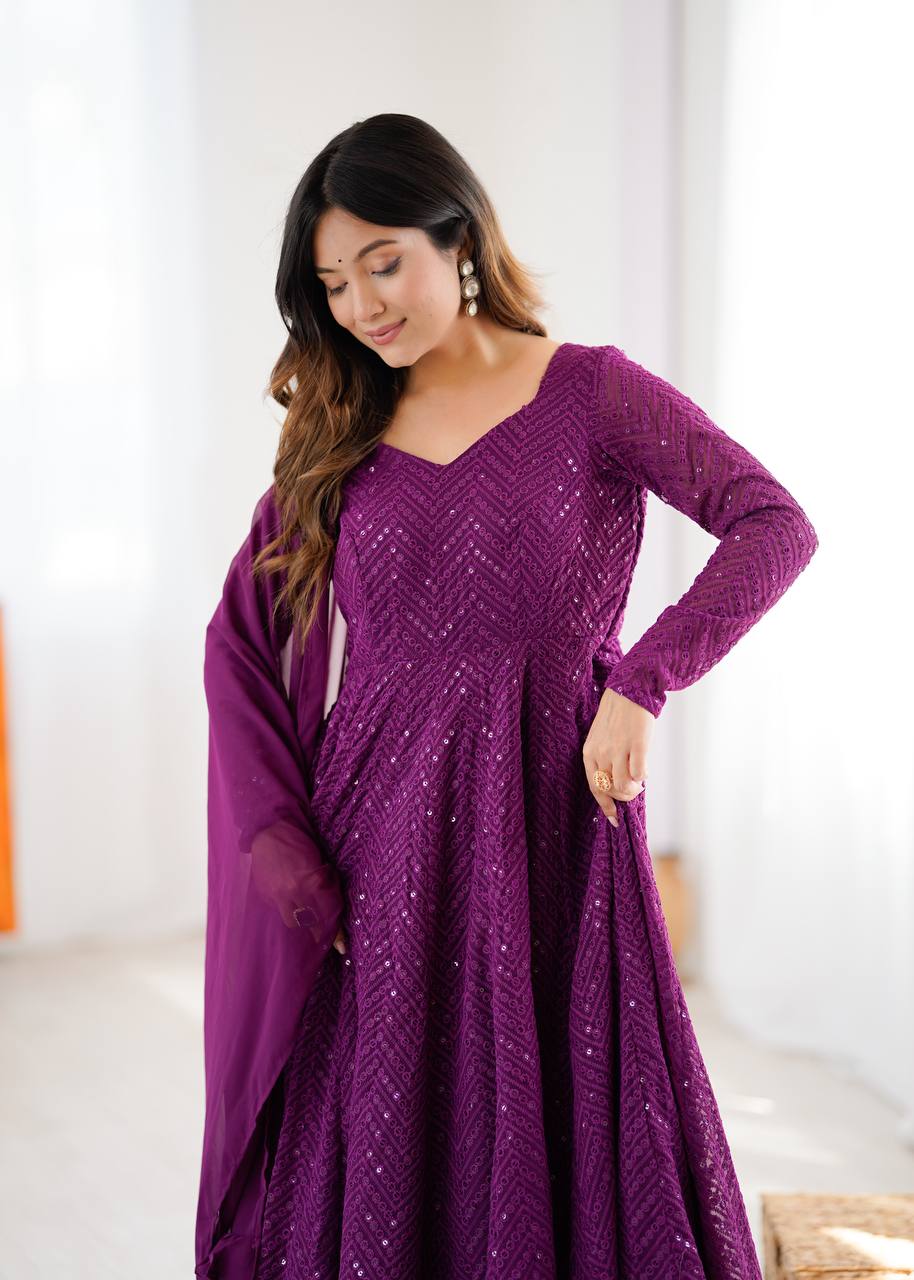 Plum Sequin Georgette Anarkali Suit with Dupatta – Festive & Party Wear